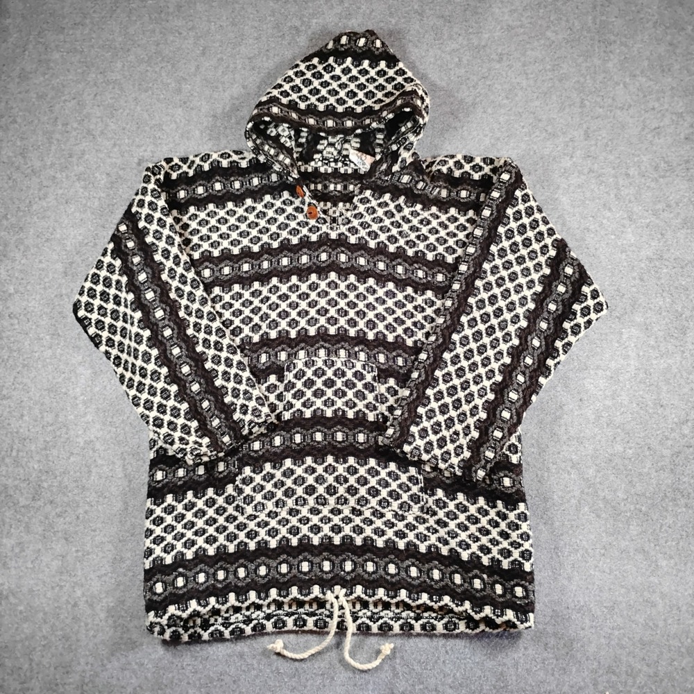 Gypsy Rose Mens Handmade Ecuador 100% Wool Baja Hoodie Black White Geometric L